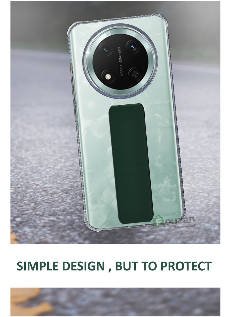 Generic - For Honor X9c - Transparent Shock Proof Silicone- Magnetic Case With Hand Grip Holder & Kickstand -Clear/Green - Image 1