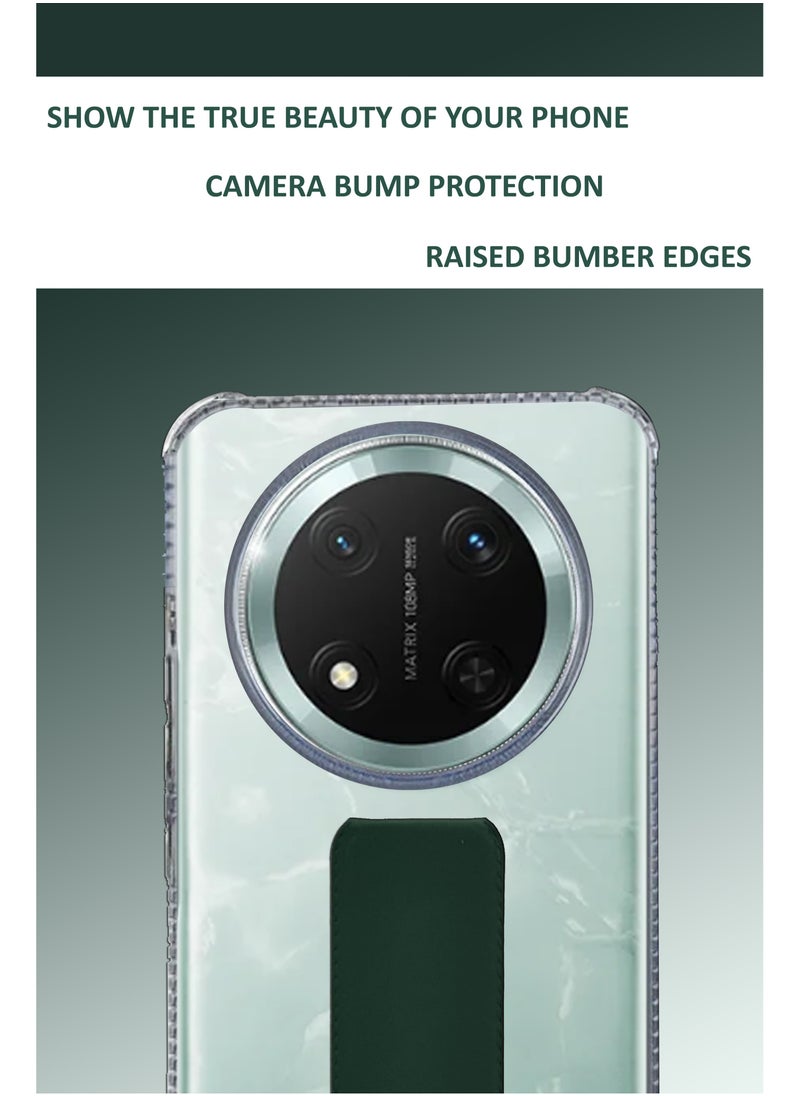 Generic - For Honor X9c - Transparent Shock Proof Silicone- Magnetic Case With Hand Grip Holder & Kickstand -Clear/Green - Image 1
