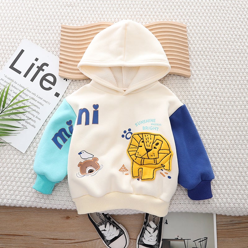 Boys' Fleece-Lined Lion Hoodie Sweater Thickened Children'S Western Style 2023 New Baby Winter Pullover Top - Image 1