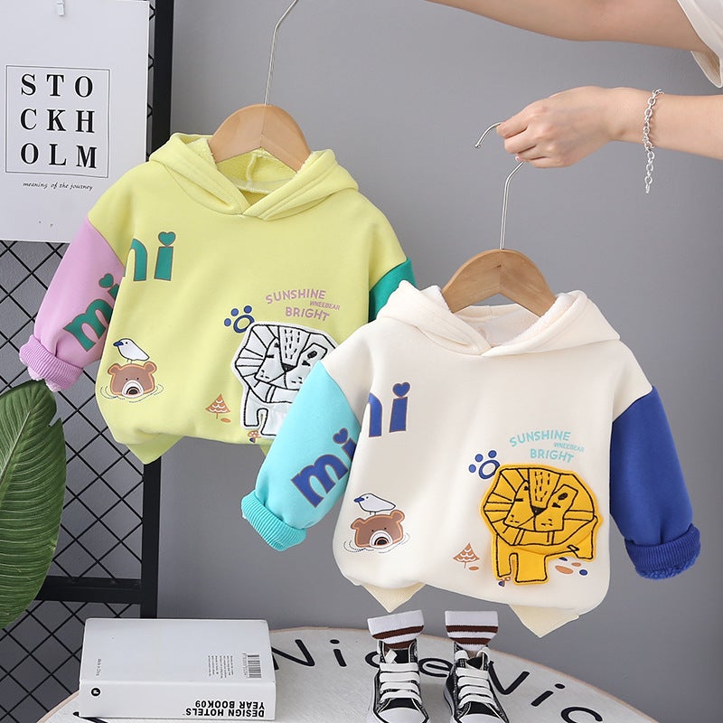 Boys' Fleece-Lined Lion Hoodie Sweater Thickened Children'S Western Style 2023 New Baby Winter Pullover Top - Image 2