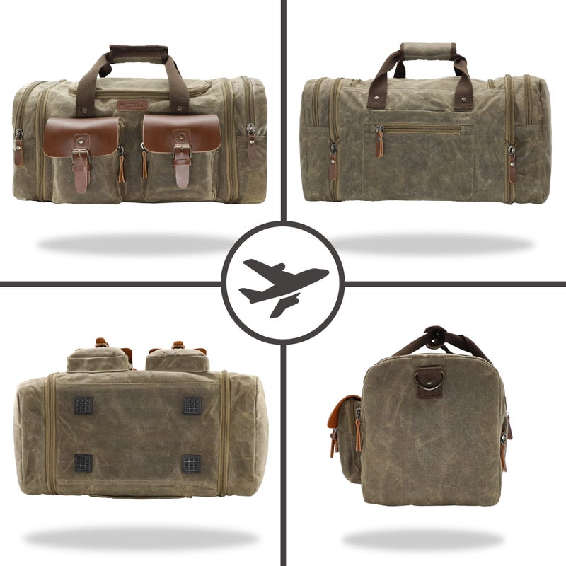 Wildroad Waxed Canvas Duffle Bag - 60L Waterproof Genuine Leather Weekender Overnight Travel Hand Bag - Image 5
