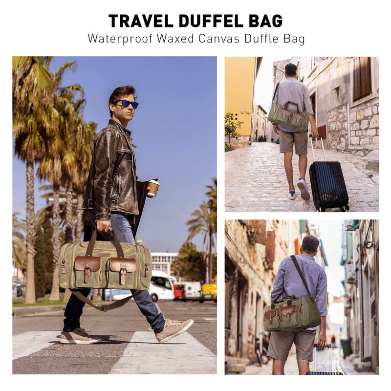 Wildroad Waxed Canvas Duffle Bag - 60L Waterproof Genuine Leather Weekender Overnight Travel Hand Bag - Image 3
