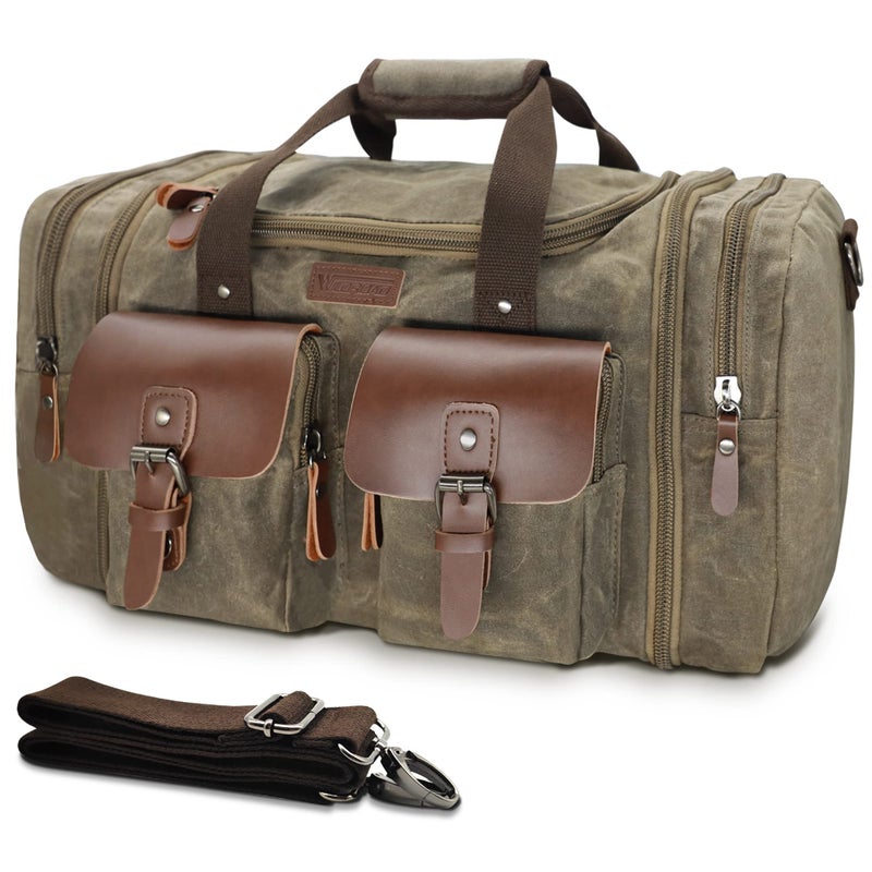 Wildroad Waxed Canvas Duffle Bag - 60L Waterproof Genuine Leather Weekender Overnight Travel Hand Bag - Image 1