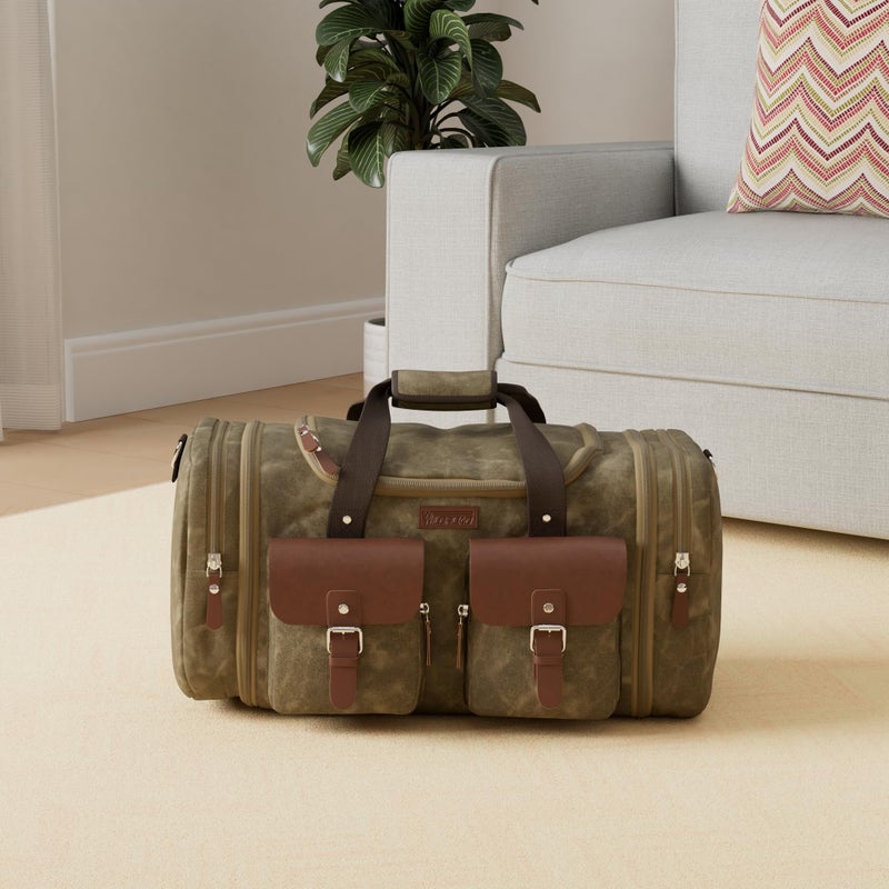 Wildroad Waxed Canvas Duffle Bag - 60L Waterproof Genuine Leather Weekender Overnight Travel Hand Bag - Image 2
