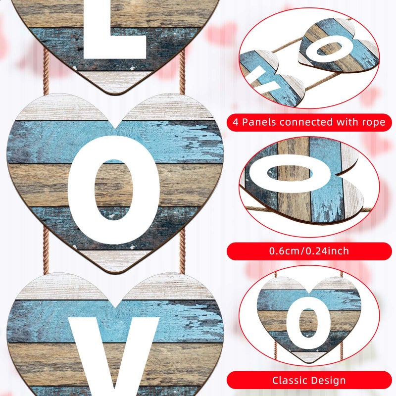 Sanwuta Valentines Hanging Porch Sign Love Hanging Decor Valentine's Heart Wall Decor Farmhouse Heart Door Wood Love Sign for Rustic Home Wall(Blue,Delicate) - Image 5