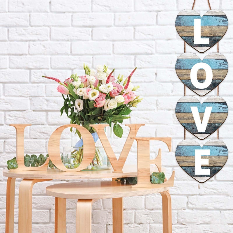 Sanwuta Valentines Hanging Porch Sign Love Hanging Decor Valentine's Heart Wall Decor Farmhouse Heart Door Wood Love Sign for Rustic Home Wall(Blue,Delicate) - Image 3