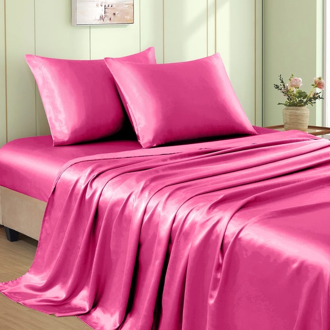 4PCS HOT PINK SATIN SHEETS QUEEN SIZE BED SET 15 INCH DEEP POCKET SILKY SATIN SHEET SET SOFT SATIN BEDDING SET COOLING LUXURY BED SHEETS 1 FITTED SHEET 1 FLAT SHEET 2 PILLOWCASES