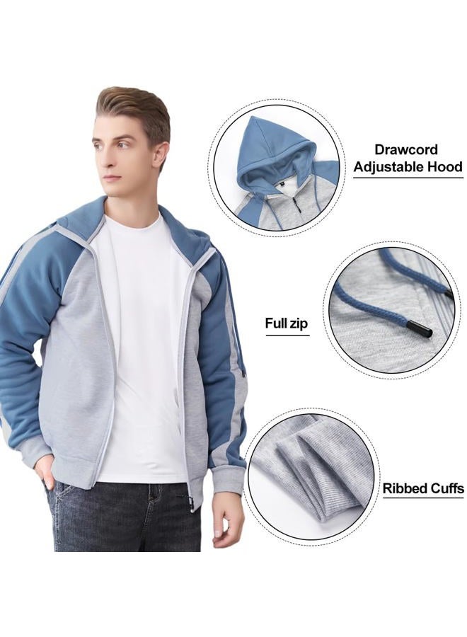AOTORR Mens Zip Up Hoodie Color Block Long Sleeve Casual Sweatshirt Sport Outwear with Pocket GreyBlue L, Greyblue 129, L - Image 2