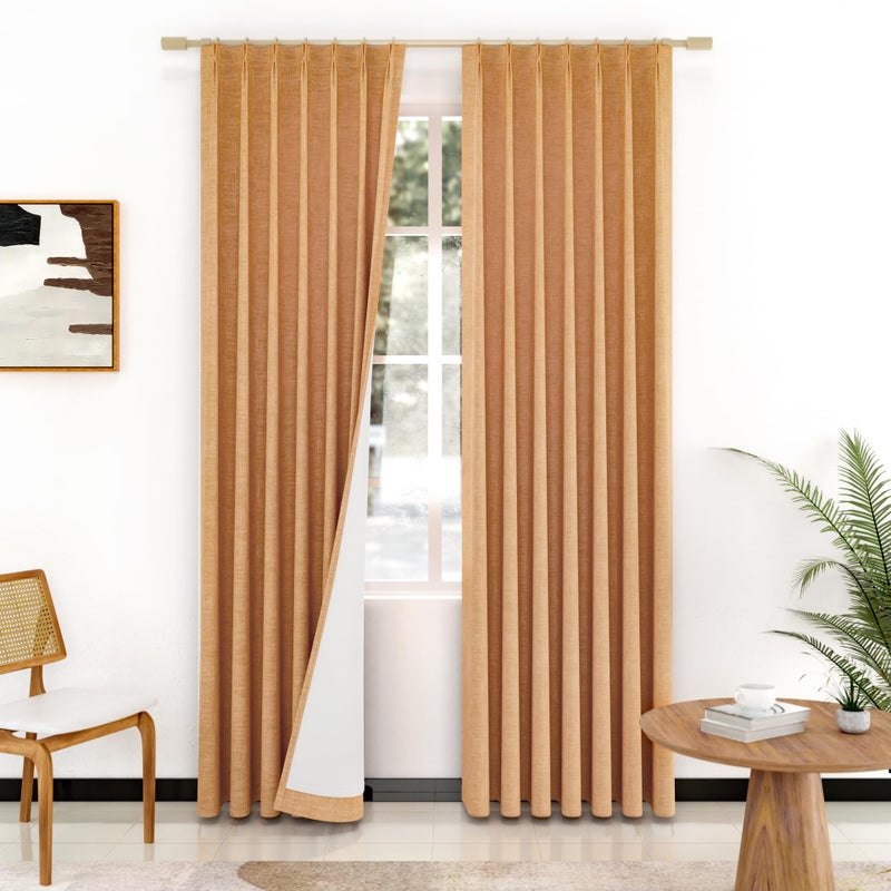 IVAPUPU Thick Linen Blend Pinch Pleated Blackout Curtains for Bedroom - 2 Pages Black Out Gold Curtains 84 Inch Long 2 Panel for Living Room Darkening Thermal Window Curtain Drapes with 16pc Hooks - Image 1