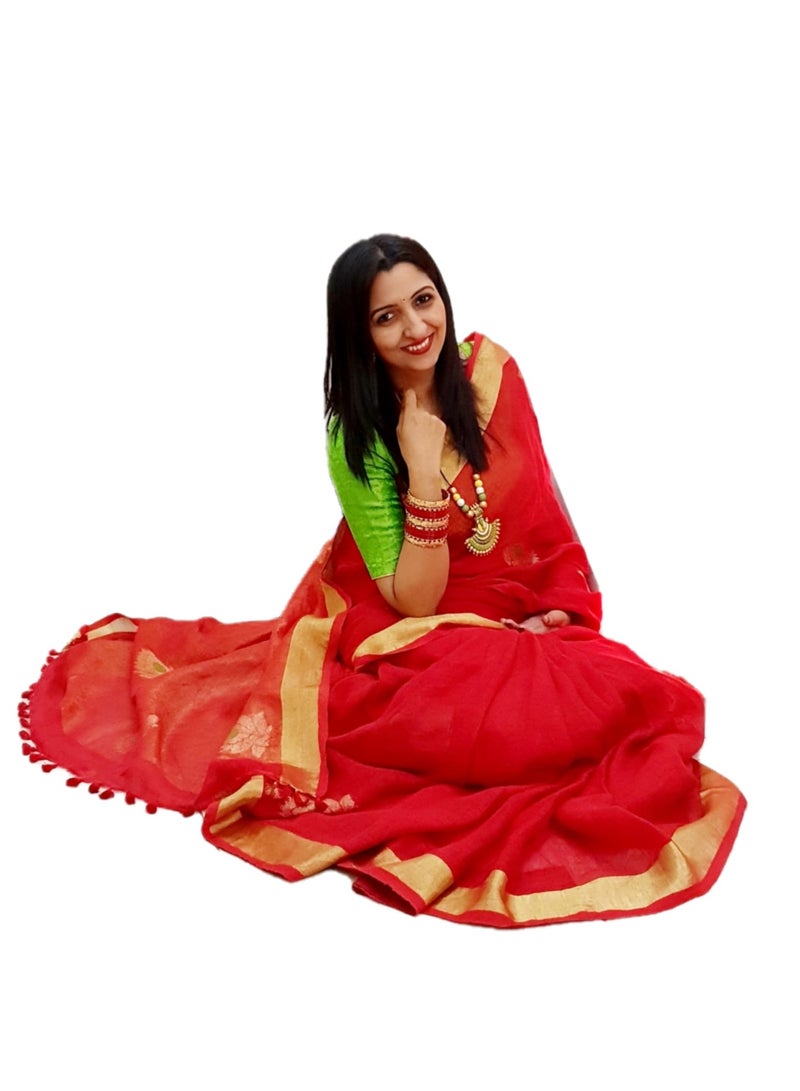 Grab Mantra Red Pure Linen Saree With Green Border Plus Unstitched Blouse - Image 1