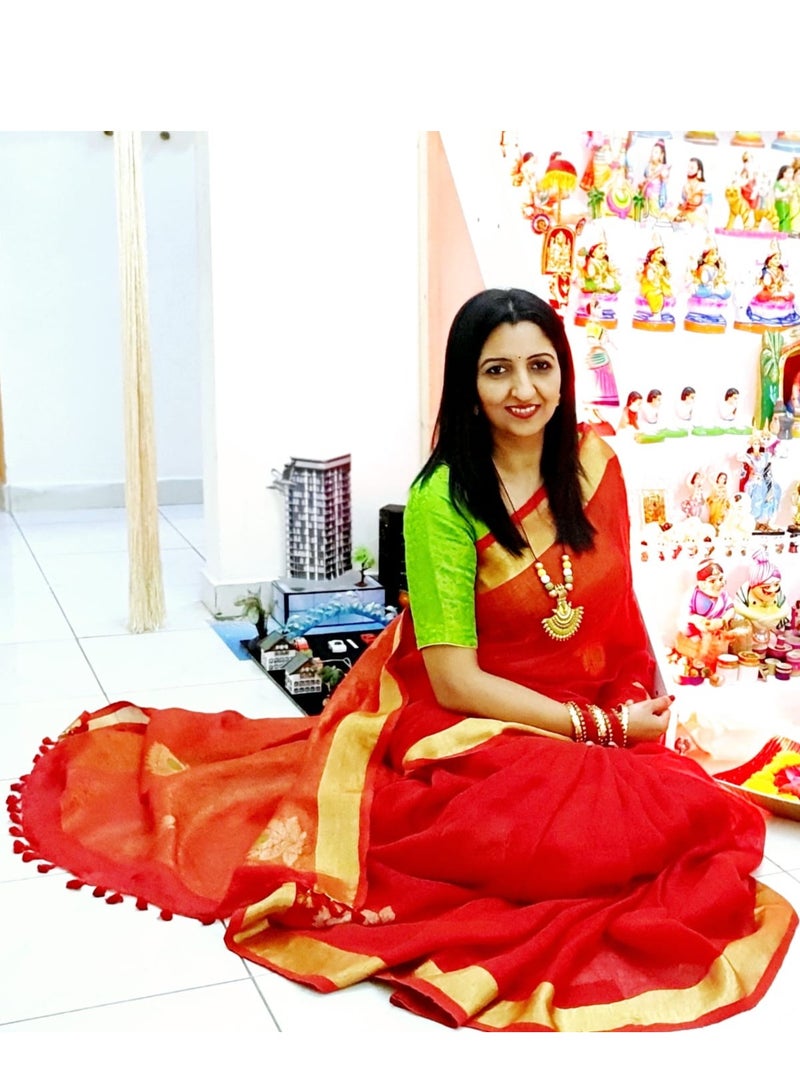 Grab Mantra Red Pure Linen Saree With Green Border Plus Unstitched Blouse - Image 3