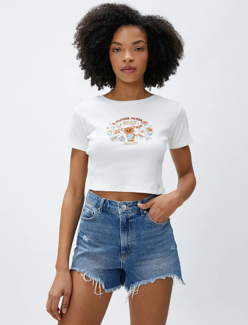 KOTON Crop T-Shirt Ribbed Printed Short Sleeve Crew Neck