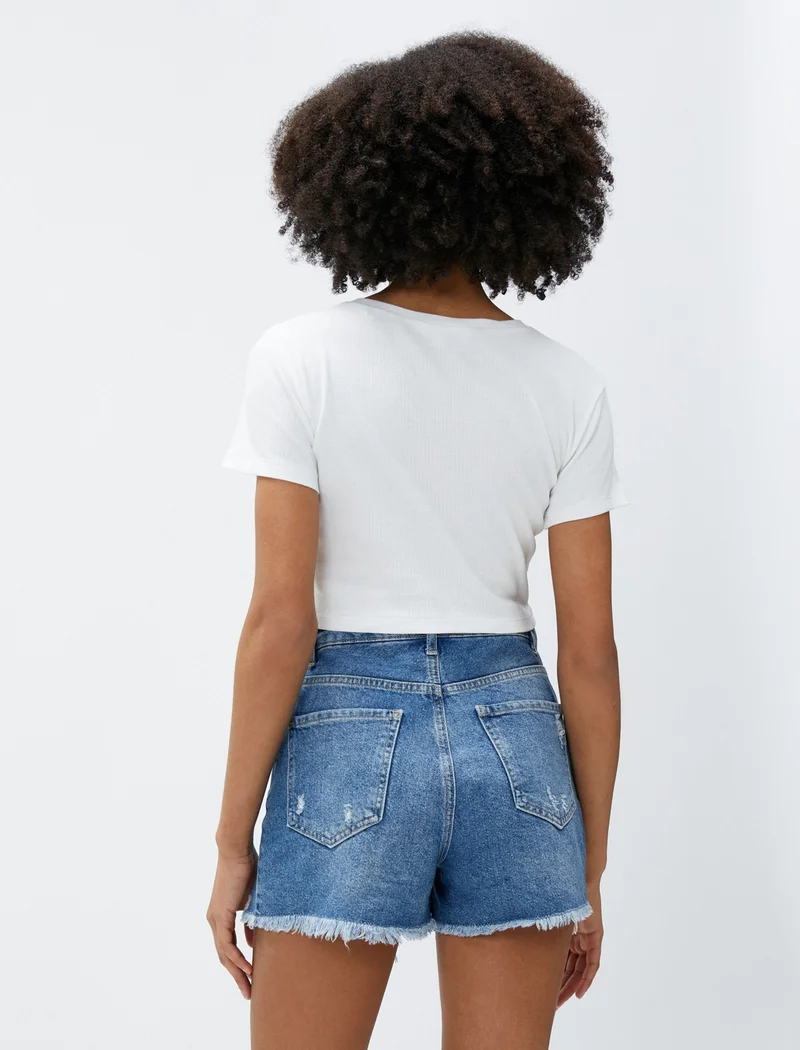 KOTON Crop T-Shirt Ribbed Printed Short Sleeve Crew Neck