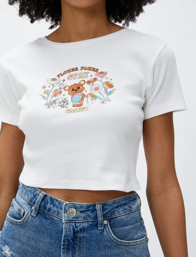 KOTON Crop T-Shirt Ribbed Printed Short Sleeve Crew Neck