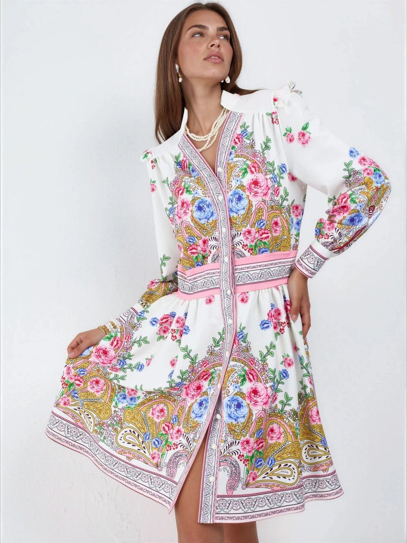 Jennyfer Frilly Paisley V-Neck Mini Skater Dress - Image 1