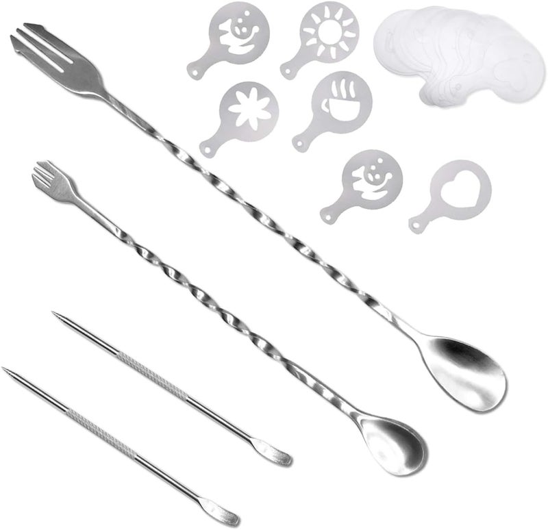 ACKLLR 36 Pcs Coffee Art Maker Set, 32 Pieces Coffee Decorating Stencils Barista Template + 2 Latte Pen + 2 Pack Spiral Pattern Mixing Spoon Fork 2 in 1 for Mousse Cake Birthday Party Bar Espresso - Image 1