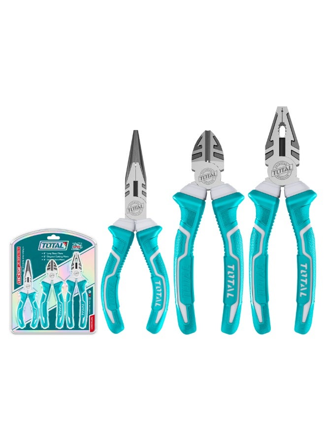 TOTAL 3-Piece Heavy-Duty Pliers Set - #55 Carbon Steel, Anti-Rust Polish & Two-Color Ergonomic Grips (8" Combination, 6" Long Nose, 6" Diagonal Cutters) - THT1K0301 - Image 1