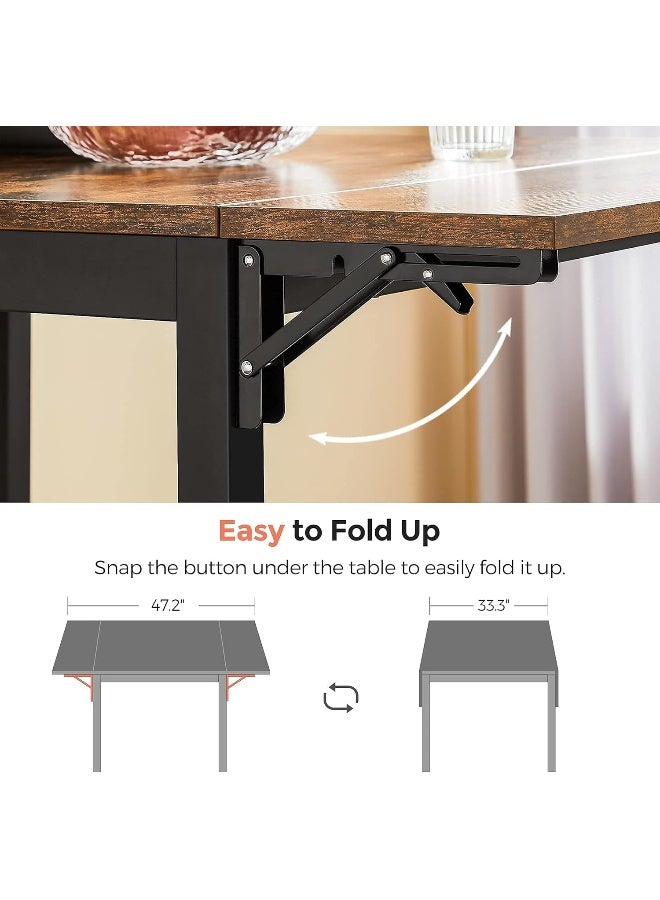 VASAGLE طاولة طعام قابلة للطي من فاساجل، مع أوراق قابلة للانخفاض، قابلة للتوسيع، للمساحات الصغيرة، تتسع لـ 2-4 أشخاص، تصميم صناعي، 78 x 120 x 76.2 سم، بني ريفي وأسود حبر - Image 2
