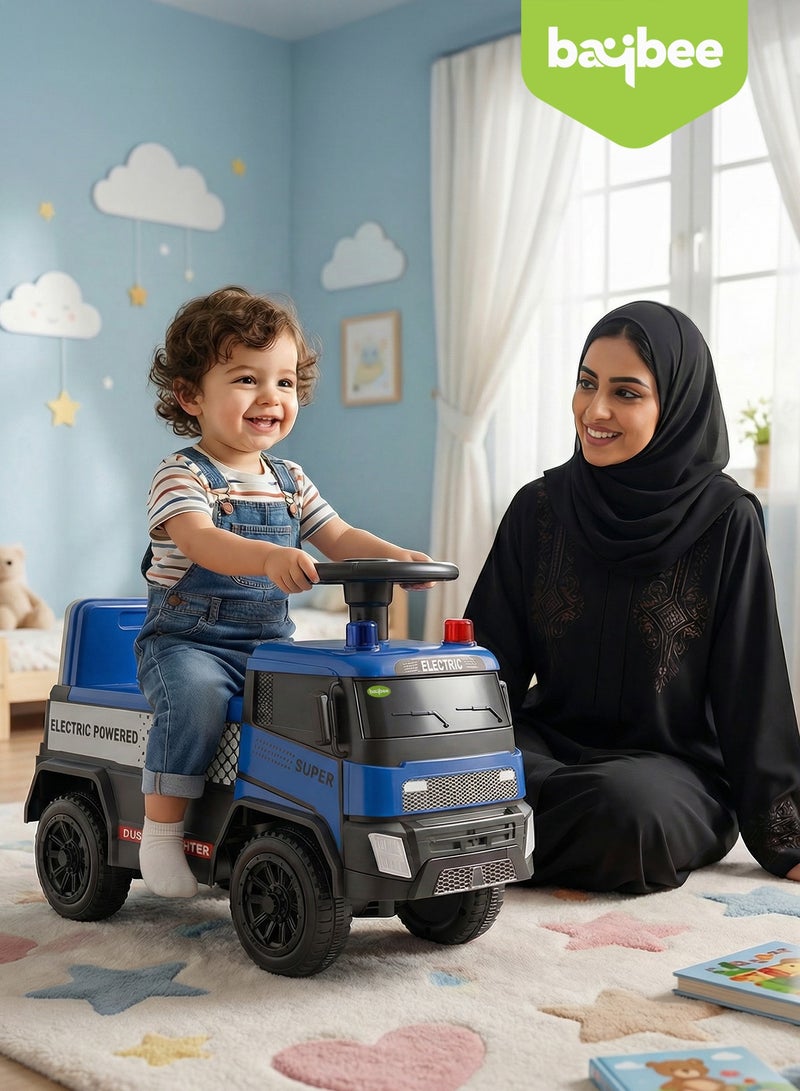 بيبي سيارة أطفال كهربائية للأطفال، سيارة أطفال كهربائية للأطفال الصغار مع دخان وأضواء وموسيقى | سيارة دفع للأطفال على شكل سيارة إطفاء | سيارة دفع للأطفال الصغار من عمر سنة إلى 3 سنوات، لون أزرق - Image 2