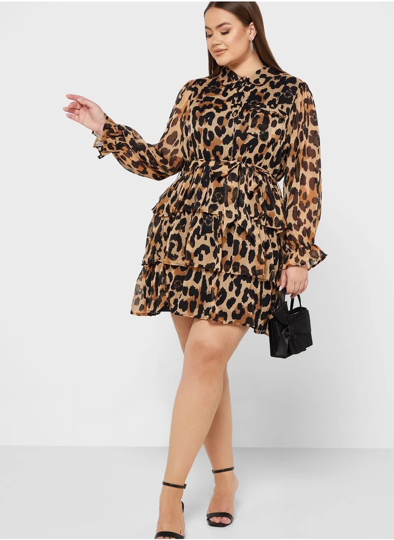 River Island Plus Ruffle Animal Print Shirt Dress