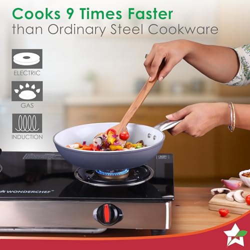 Wonderchef Eco-Glide Fry Pan | | Chemical-Free Ceramic Coating | 20cm, 1.2L | Healthy, Low Oil Meals | Scratch-Resistant | Stainless-Steel Handle | Gas & Induction Compatible | Grey | Easy to Clean - Image 4