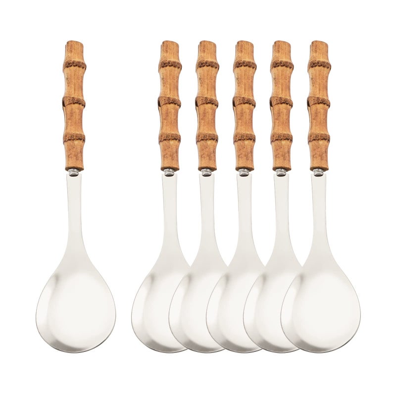 Natural Bamboo Handle Serving Spoons Set of 6 Large Size Stainless Steel Dinner Buffet Catering Banquet Serving Spoons 100 Silver Big Ladle Tablespoons for Home Family Serving Utensils