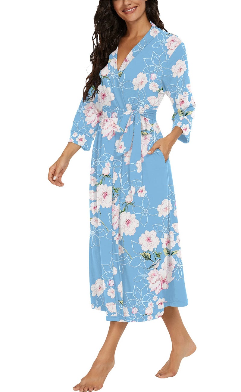 VINTATRE Women Kimono Robes Long Knit Bathrobe Lightweight Soft Knit Sleepwear V-neck Casual Ladies Loungewear FP-Light Blue-Small - Image 2