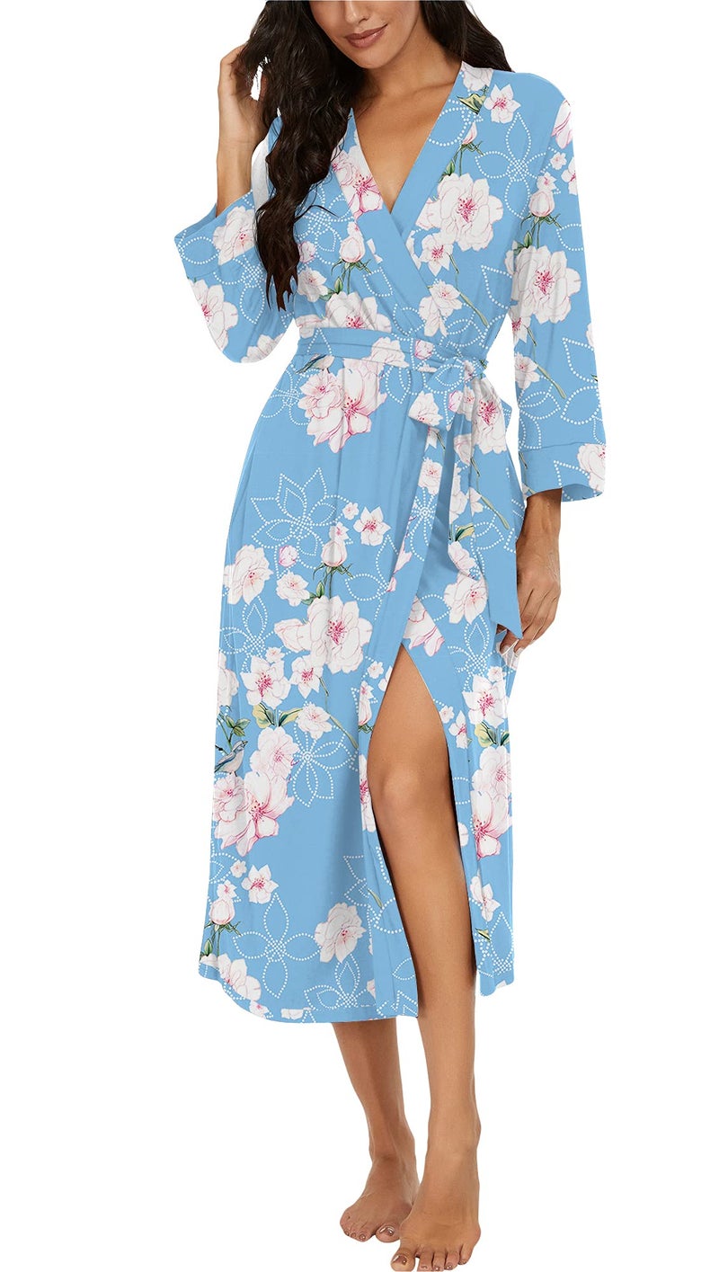 VINTATRE Women Kimono Robes Long Knit Bathrobe Lightweight Soft Knit Sleepwear V-neck Casual Ladies Loungewear FP-Light Blue-Small - Image 1
