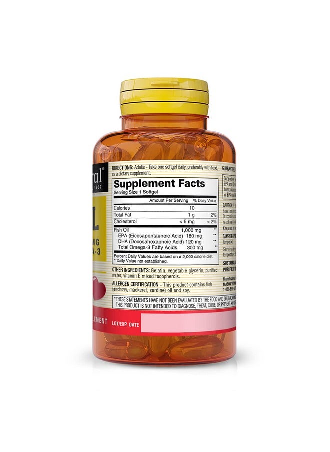 Mason Natural - Fish Oil 1000 Mg With 300 Mg Omega3 Healthy Heart Supports Circulatory Function Improved Cardiovascular Health 60 Softgels (Pack Of 3) - Image 1