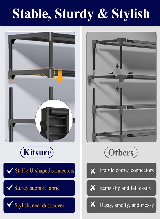 Kitsure رف أحذية كيتشور - رف منظم أحذية ذو سعة كبيرة مكون من 10 طبقات مع غطاء واقٍ من الغبار وجيوب جانبية، رف أحذية معدني مقاوم للصدأ للخزانة والمدخل وغرفة المعيشة، 17.5 بوصة × 12.4 بوصة × 69.3 بوصة، أسود - Image 5