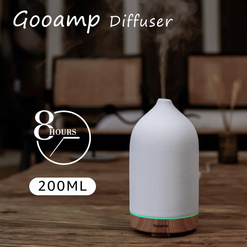 Gooamp جهاز توزيع الروائح السيراميكي 200 مل من غوامب، جهاز توزيع الروائح العطرية، جهاز توزيع الزيوت الأساسية مع 7 ألوان من الأضواء وإيقاف التشغيل التلقائي لغرفة المكتب والمنزل، قاعدة خشبية (1/3/6/ON ساعات وقت العمل) - Image 3