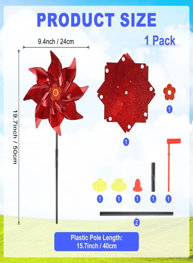 M METERXITY 1-Pack Flower Wind Spinner Sparkly Lawn Pinwheels, 20 Inch Plastic Reflective Pinwheels for Party Decorations/Yard/Garden, Colorful Rainbow Garden Windmill [Red] - Image 3
