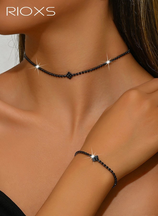 RIOXS 3 Pcs Women's Jewellery Sets, Dainty Necklace Earrings Bracelet Sets for Women, Gothic Punk Edgy Style Choker Set, Ladies Minimalist Adjustable Tennis Chain, Bridal Wedding Black Jewelry Set, Sparkly Necklace Earrings Bracelet Set for Party Clubwear Streetwear Night Out - Image 2