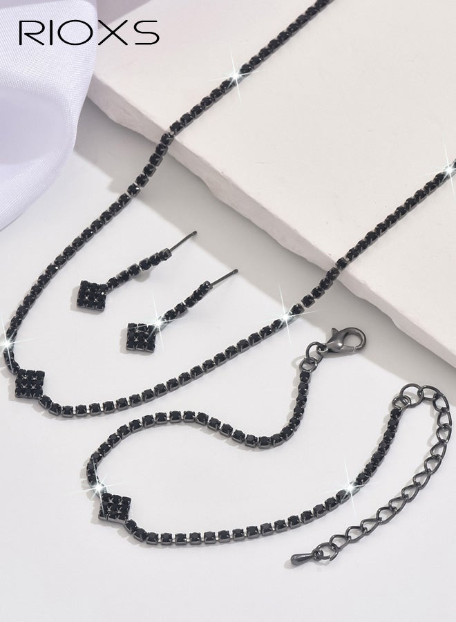RIOXS 3 Pcs Women's Jewellery Sets, Dainty Necklace Earrings Bracelet Sets for Women, Gothic Punk Edgy Style Choker Set, Ladies Minimalist Adjustable Tennis Chain, Bridal Wedding Black Jewelry Set, Sparkly Necklace Earrings Bracelet Set for Party Clubwear Streetwear Night Out - Image 5
