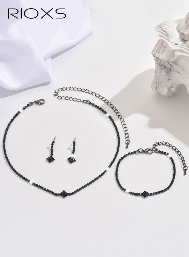 RIOXS 3 Pcs Women's Jewellery Sets, Dainty Necklace Earrings Bracelet Sets for Women, Gothic Punk Edgy Style Choker Set, Ladies Minimalist Adjustable Tennis Chain, Bridal Wedding Black Jewelry Set, Sparkly Necklace Earrings Bracelet Set for Party Clubwear Streetwear Night Out - Image 4