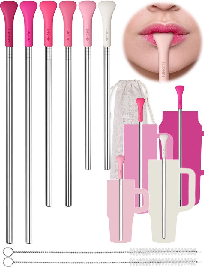 NiHome 6PCS Anti Wrinkle Straws with Silicone Widen Flat Tip Drinking Metal Straw, Fit for Stanley 20/30/40 oz Tumbler, Reusable Wrinkle Free Stainless Steel Long Straw, 2 Brushes & Carry Bag (Pink) - Image 1