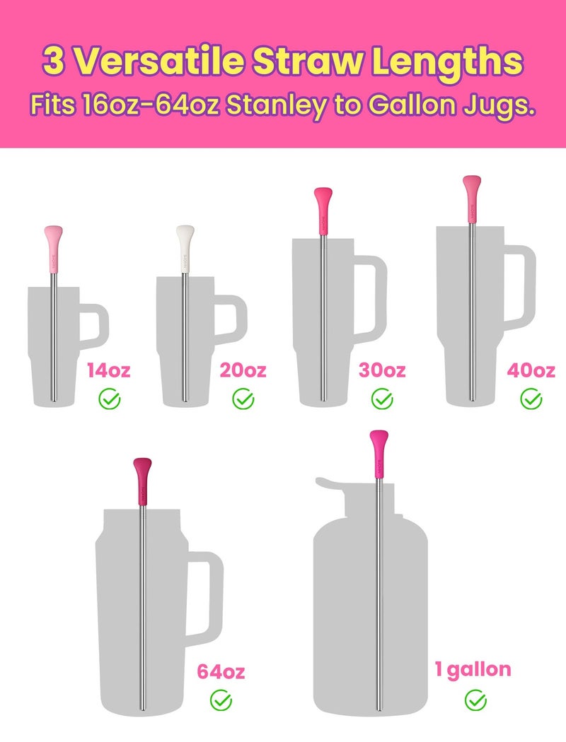 NiHome 6PCS Anti Wrinkle Straws with Silicone Widen Flat Tip Drinking Metal Straw, Fit for Stanley 20/30/40 oz Tumbler, Reusable Wrinkle Free Stainless Steel Long Straw, 2 Brushes & Carry Bag (Pink) - Image 5