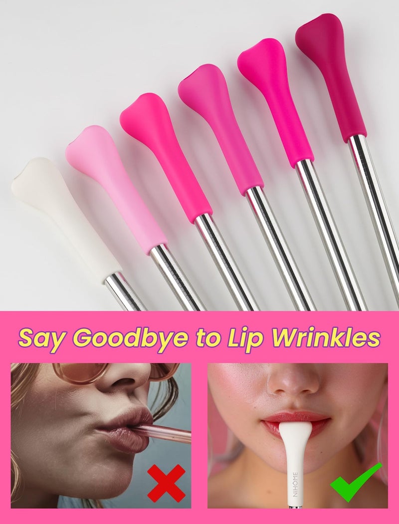 NiHome 6PCS Anti Wrinkle Straws with Silicone Widen Flat Tip Drinking Metal Straw, Fit for Stanley 20/30/40 oz Tumbler, Reusable Wrinkle Free Stainless Steel Long Straw, 2 Brushes & Carry Bag (Pink) - Image 4