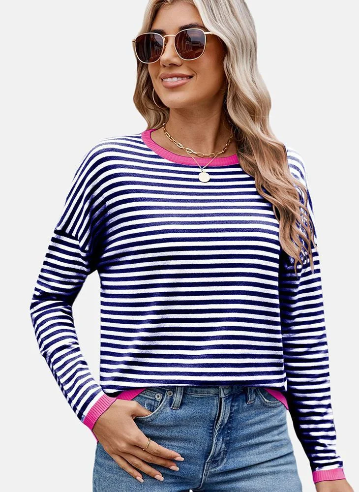 يونيكي Blue Round Neck Striped Top