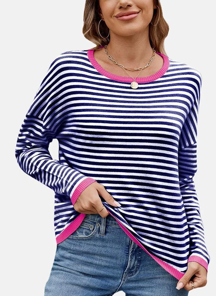YUNIQEE Blue Round Neck Striped Top