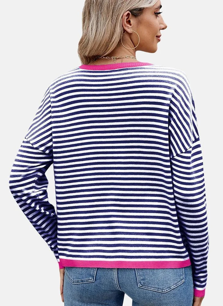 يونيكي Blue Round Neck Striped Top