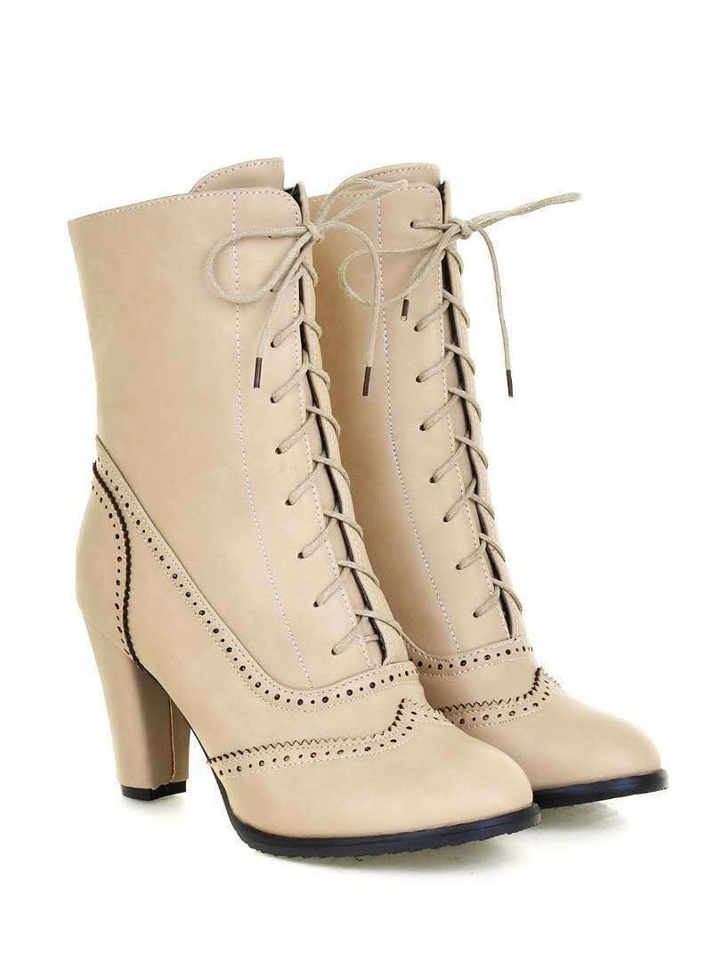 Loquat Women's Low Heel Lace Up Ankle Boots Pointed-toe Side Zipper Short Booties Beige