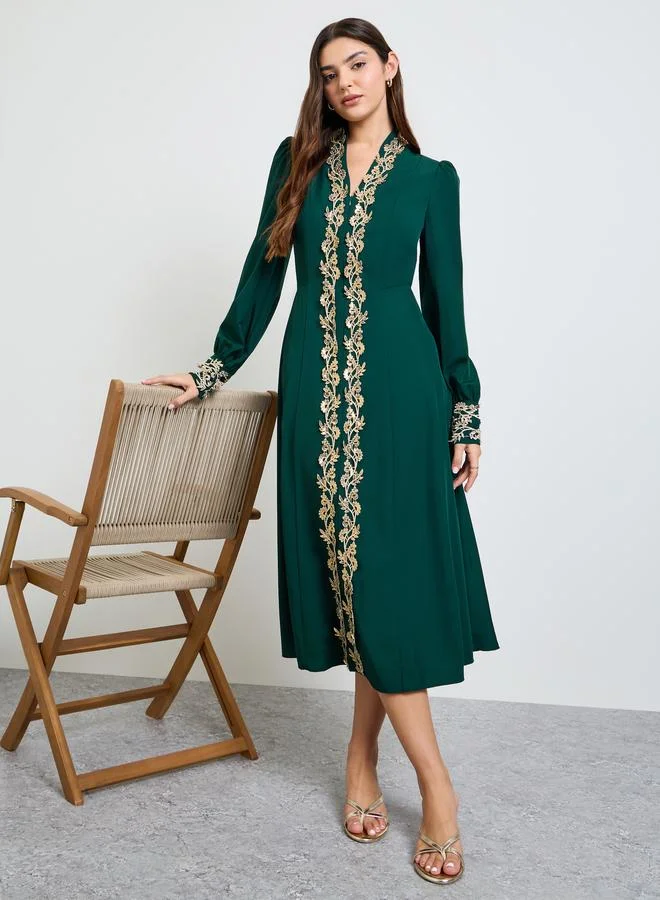 تايك تو Dark Green Lace Detail A-Line Midi Dress