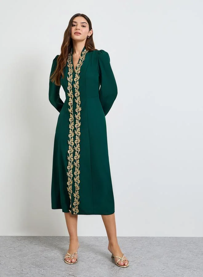 تايك تو Dark Green Lace Detail A-Line Midi Dress