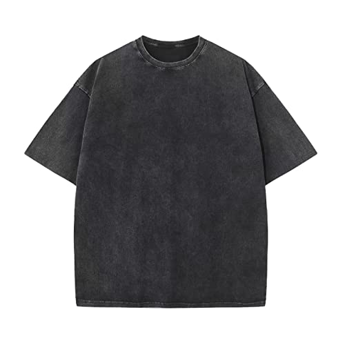 KEEPSHOWING Men's Cotton T-Shirts Oversized Unisex Short Sleeves Casual Loose Wash Solid Basic Tee Tops(A-Black XL) - Image 1