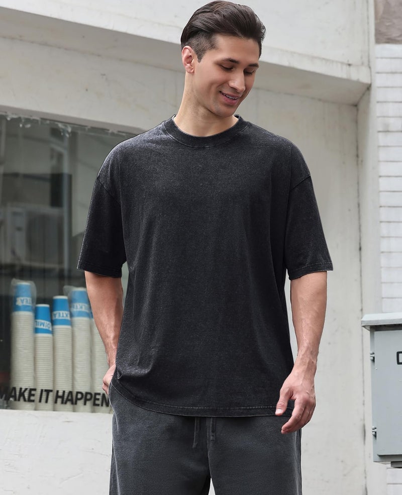 KEEPSHOWING Men's Cotton T-Shirts Oversized Unisex Short Sleeves Casual Loose Wash Solid Basic Tee Tops(A-Black XL) - Image 5
