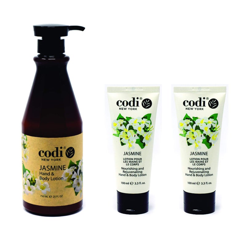 CODi Jasmine Lotion - Body and Hand Lotion with Pump for Women and Men - Jasmine Body Lotion with Wonderful Jasmine Scent - Less Greasy, Quick Absorbent - 1 750ml Bottle and 2 100ml Tubes - Image 1