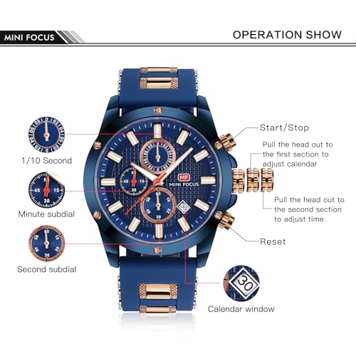 MF MINI FOCUS MINI Focus Mens Watch Casual Sports Watches (Chronograph/Waterproof/Luminous/Calendar) Silicon Band Fashion Watches for Men (Blue) - Image 5