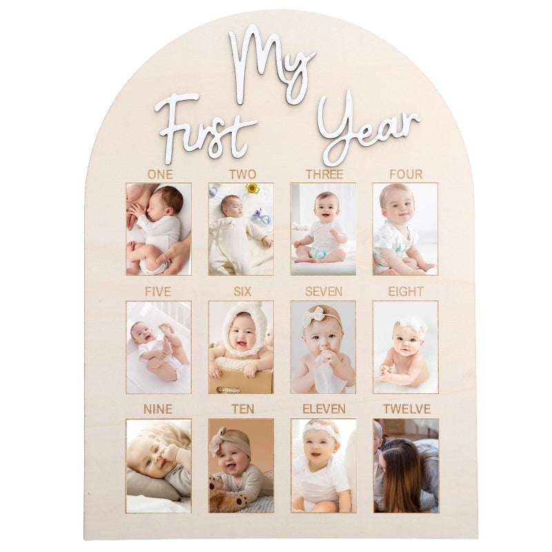 Yuuchoringee One Year Birthday Wooden Photo Board My First Year Milestones Photo Board 12 Monthly Picture Frame Baby First Year Wood Acrylic Sign 1St Birthday Decorations Baby Keepsake Gifts - Image 1