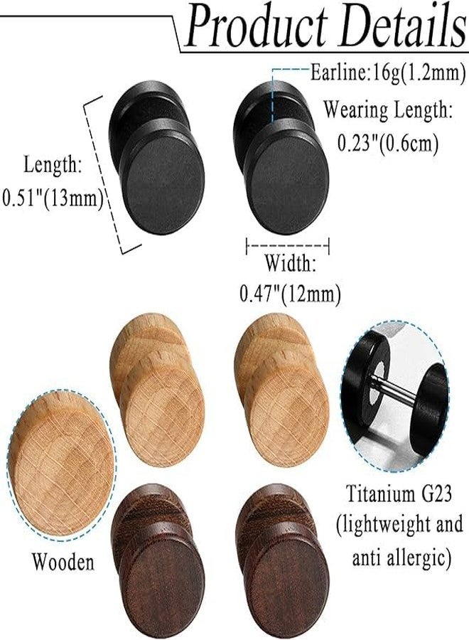 Cupimatch Vintage Wood Stud Earrings Piercing Ear Plugs Barbell Tunnel Fake Gauge Earrings 16G for Men Women for Mothers Day - Image 3